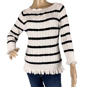 American Living  White With‎ Black Stripes Sweater Women's Size Medium Ruffles